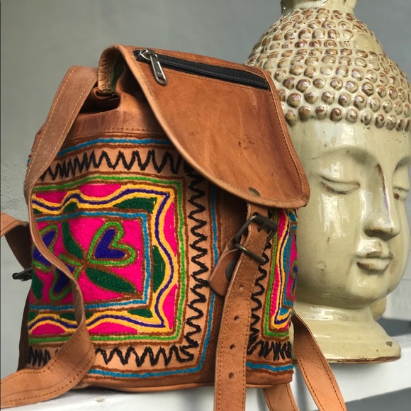 Handbags - Boho Embroidered Tan Camel Leather Mini Backpack